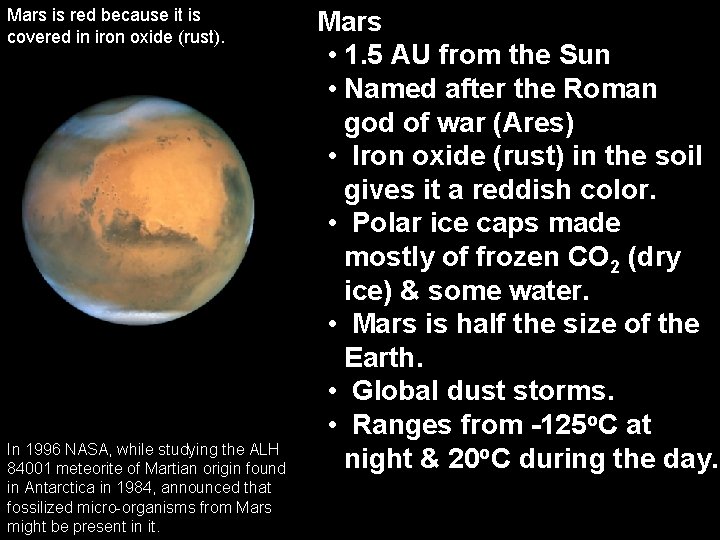 Mars is red because it is covered in iron oxide (rust). In 1996 NASA,