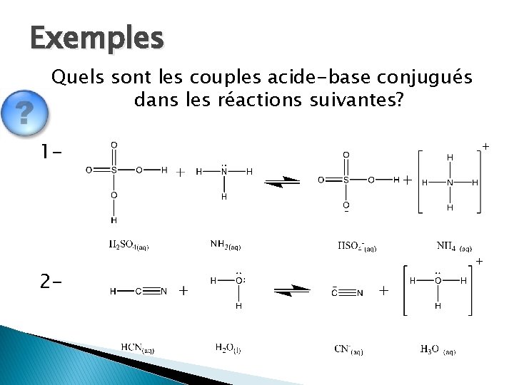 Exemples Quels sont les couples acide-base conjugués dans les réactions suivantes? 1 - 2