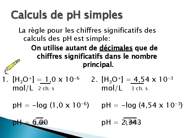 Calculs de p. H simples La règle pour les chiffres significatifs des calculs des