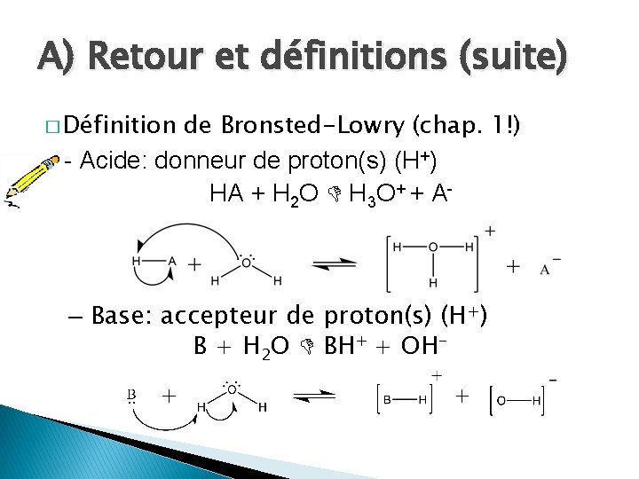 A) Retour et définitions (suite) � Définition de Bronsted-Lowry (chap. 1!) - Acide: donneur