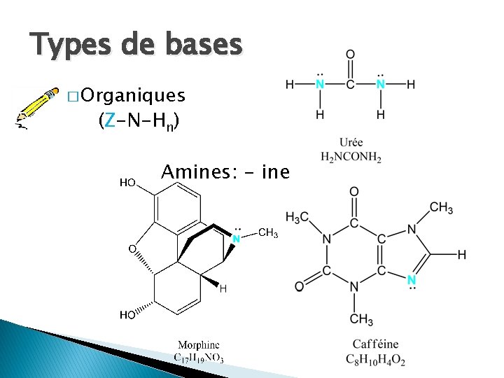 Types de bases � Organiques (Z-N-Hn) Amines: - ine 