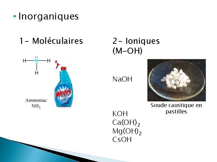  • Inorganiques 1 - Moléculaires 2 - Ioniques (M-OH) Na. OH KOH Ca(OH)2