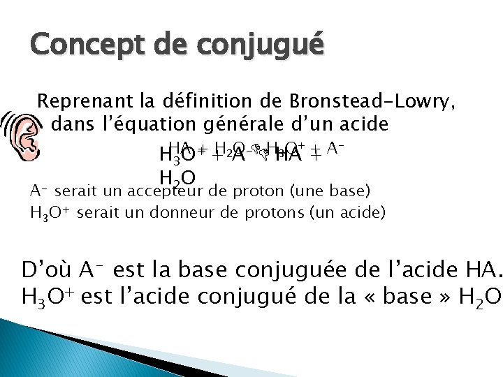 Concept de conjugué Reprenant la définition de Bronstead-Lowry, dans l’équation générale d’un acide +