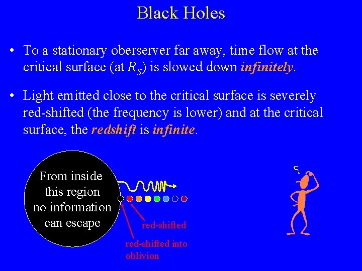 Black Holes • To a stationary oberserver far away, time flow at the critical Black Holes • To a stationary oberserver far away, time flow at the critical
