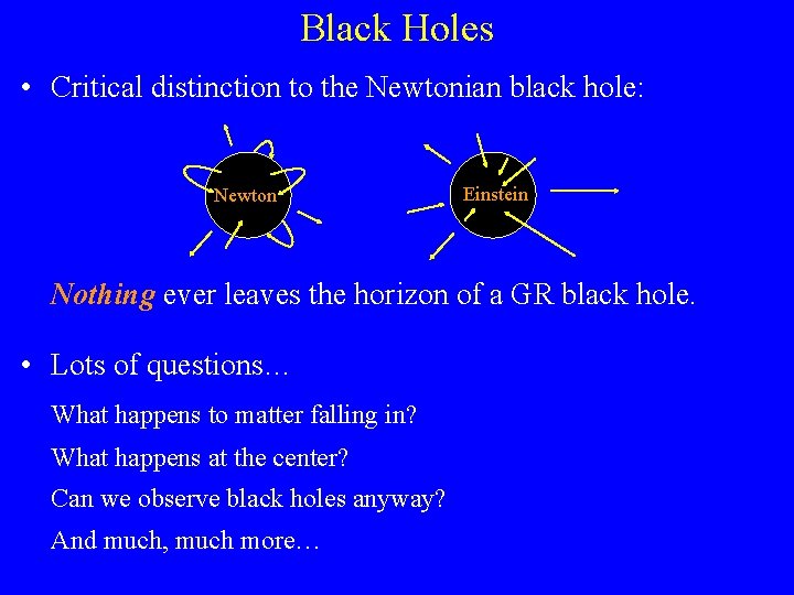 Black Holes • Critical distinction to the Newtonian black hole: Newton Einstein Nothing ever Black Holes • Critical distinction to the Newtonian black hole: Newton Einstein Nothing ever