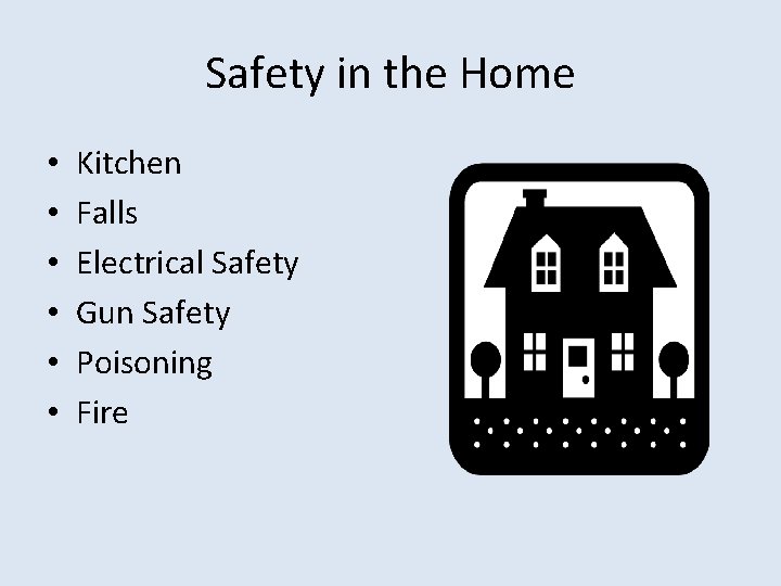 Safety in the Home • • • Kitchen Falls Electrical Safety Gun Safety Poisoning