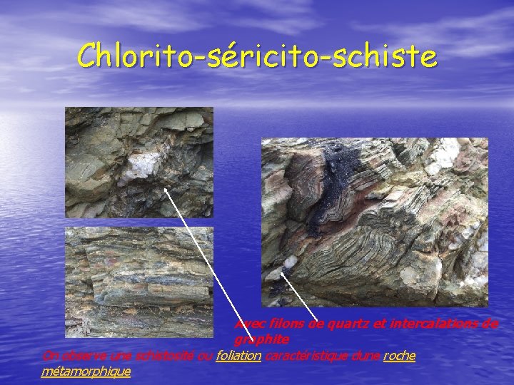 Chlorito-séricito-schiste Avec filons de quartz et intercalations de graphite On observe une schistosité ou