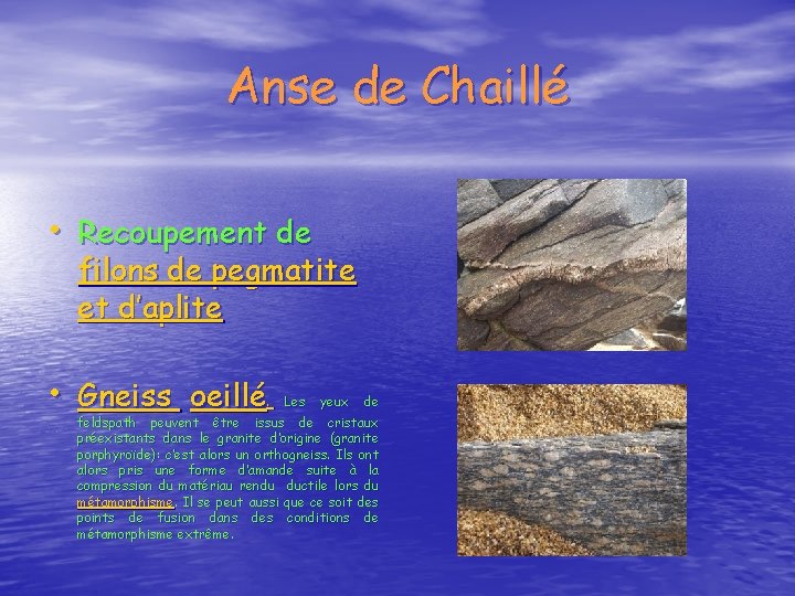 Anse de Chaillé • Recoupement de filons de pegmatite et d’aplite • Gneiss oeillé