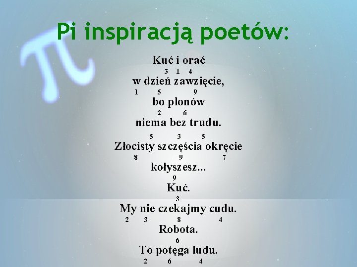 Pi inspiracją poetów: Kuć i orać 3 1 4 w dzień zawzięcie, 1 5