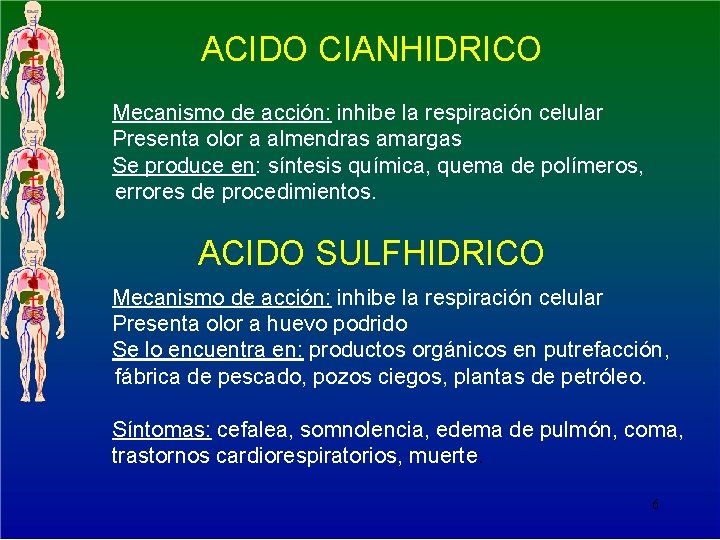 ACIDO CIANHIDRICO Mecanismo de acción: inhibe la respiración celular Presenta olor a almendras amargas