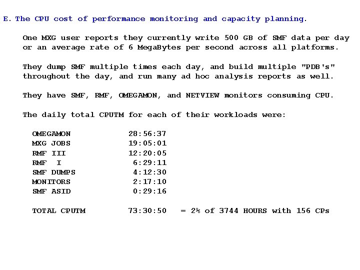 E. The CPU cost of performance monitoring and capacity planning. One MXG user reports