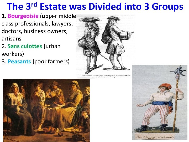 The 3 rd Estate was Divided into 3 Groups 1. Bourgeoisie (upper middle class The 3 rd Estate was Divided into 3 Groups 1. Bourgeoisie (upper middle class