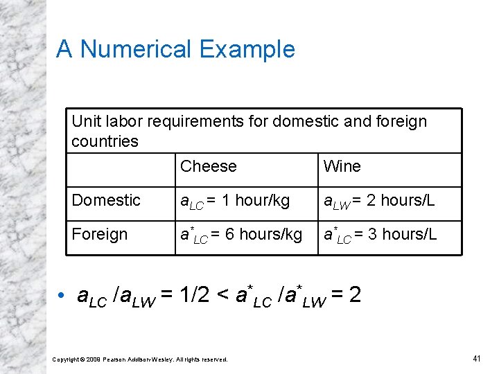 A Numerical Example Unit labor requirements for domestic and foreign countries Cheese Wine Domestic