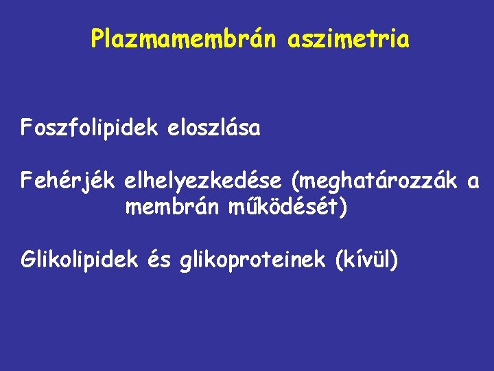 Plazmamembrán aszimetria Foszfolipidek eloszlása Fehérjék elhelyezkedése (meghatározzák a membrán működését) Glikolipidek és glikoproteinek (kívül)