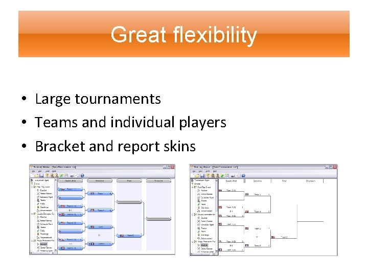 Great flexibility • Large tournaments • Teams and individual players • Bracket and report