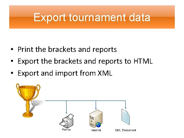 Export tournament data • Print the brackets and reports • Export the brackets and