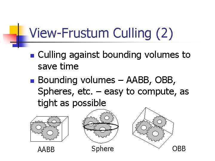 View-Frustum Culling (2) n n Culling against bounding volumes to save time Bounding volumes