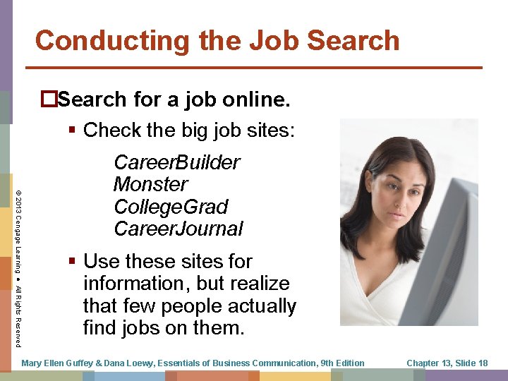 Conducting the Job Search �Search for a job online. Check the big job sites: