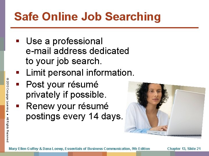 Safe Online Job Searching © 2013 Cengage Learning ● All Rights Reserved Use a