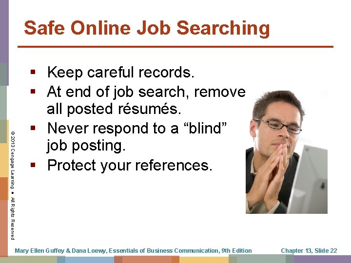 Safe Online Job Searching © 2013 Cengage Learning ● All Rights Reserved Keep careful