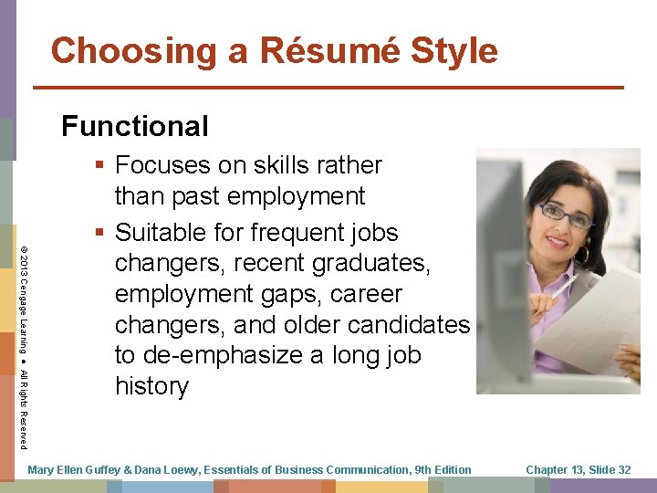 Choosing a Résumé Style Functional © 2013 Cengage Learning ● All Rights Reserved Focuses