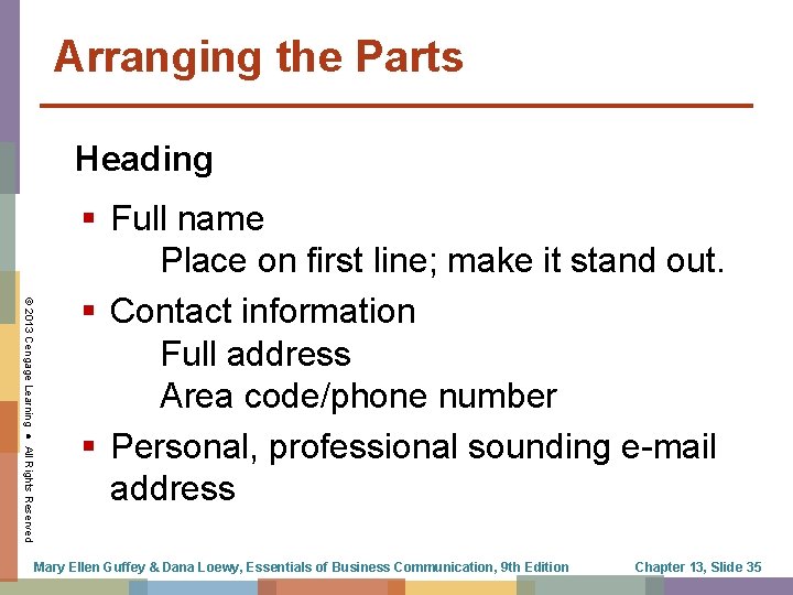 Arranging the Parts Heading © 2013 Cengage Learning ● All Rights Reserved Full name
