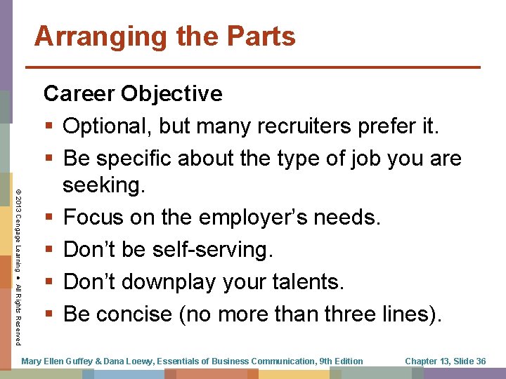 Arranging the Parts © 2013 Cengage Learning ● All Rights Reserved Career Objective Optional,