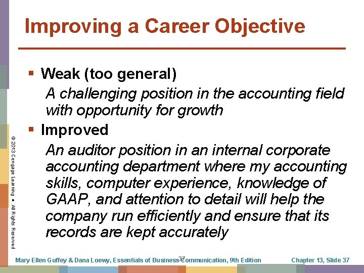 Improving a Career Objective © 2013 Cengage Learning ● All Rights Reserved Weak (too