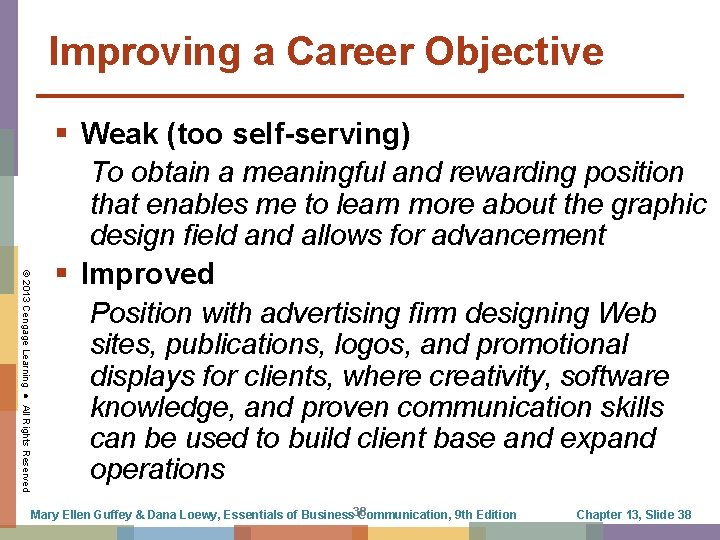 Improving a Career Objective © 2013 Cengage Learning ● All Rights Reserved Weak (too