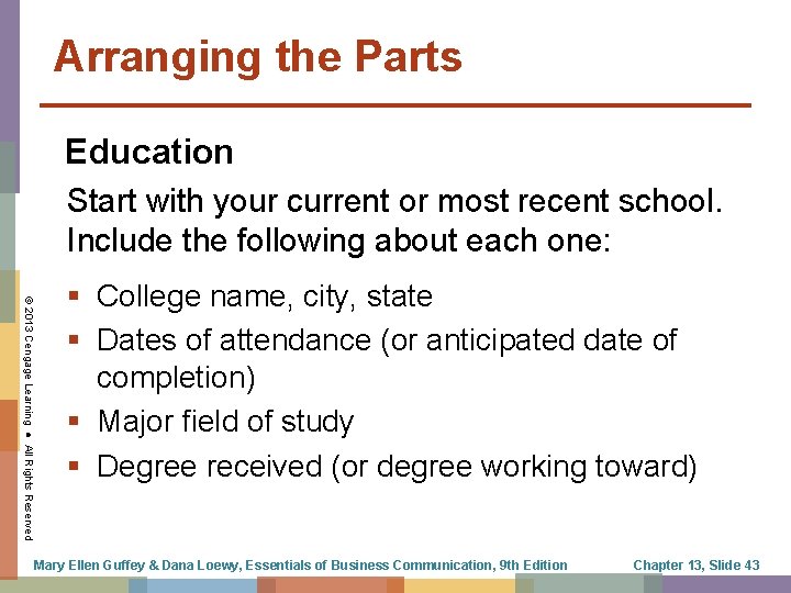 Arranging the Parts Education Start with your current or most recent school. Include the