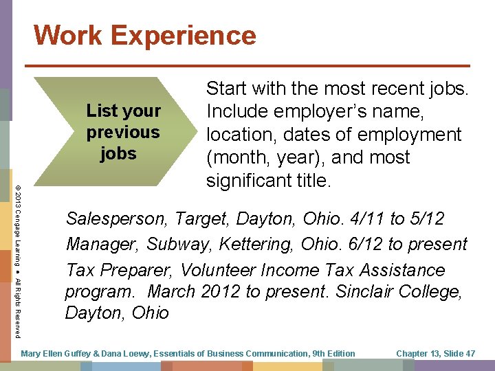 Work Experience List your previous jobs © 2013 Cengage Learning ● All Rights Reserved