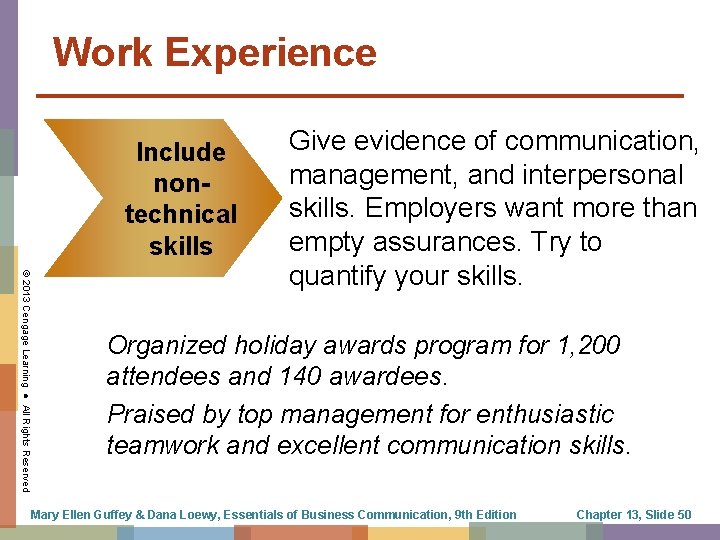 Work Experience Include nontechnical skills © 2013 Cengage Learning ● All Rights Reserved Give