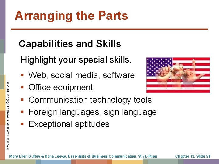 Arranging the Parts Capabilities and Skills Highlight your special skills. © 2013 Cengage Learning