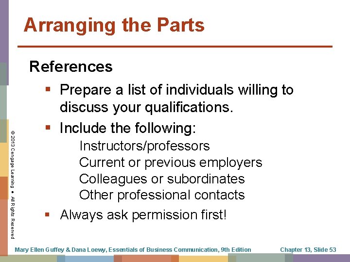 Arranging the Parts References Prepare a list of individuals willing to © 2013 Cengage