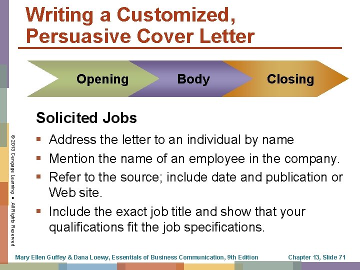 Writing a Customized, Persuasive Cover Letter Opening Body Closing Solicited Jobs © 2013 Cengage