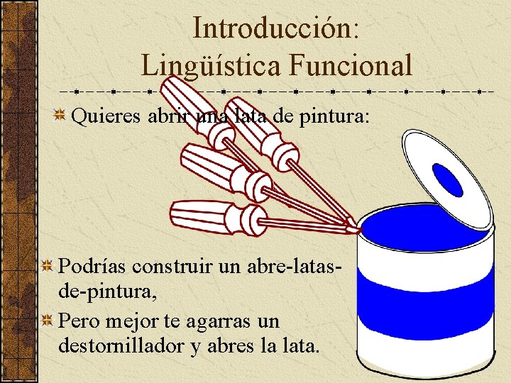 Introducción: Lingüística Funcional Quieres abrir una lata de pintura: Podrías construir un abre-latasde-pintura, Pero