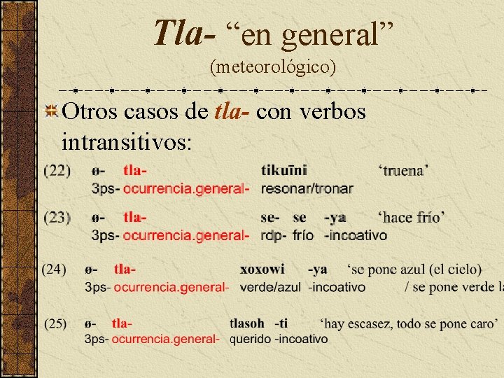 Tla- “en general” (meteorológico) Otros casos de tla- con verbos intransitivos: 