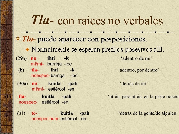 Tla- con raíces no verbales Tla- puede aparecer con posposiciones. Normalmente se esperan prefijos