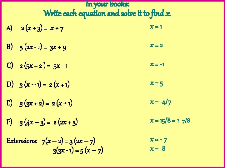 In your books: Write each equation and solve it to find x. 2 (x