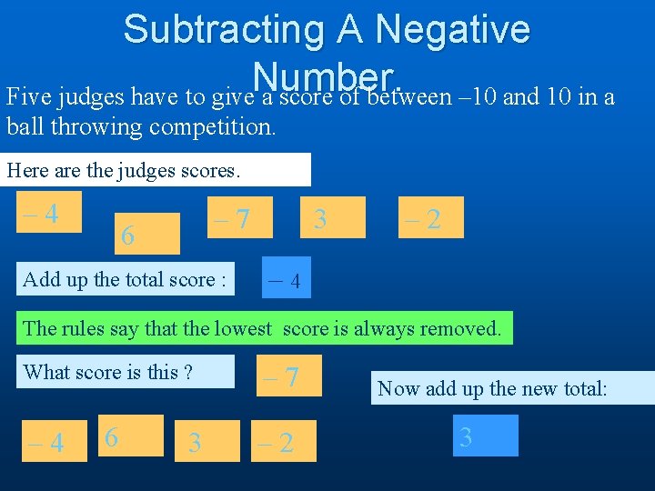 Subtracting A Negative Number. Five judges have to give a score of between –