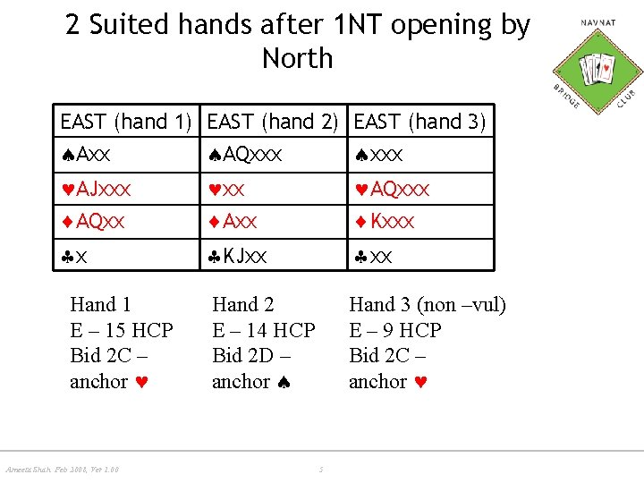 2 Suited hands after 1 NT opening by North EAST (hand 1) EAST (hand
