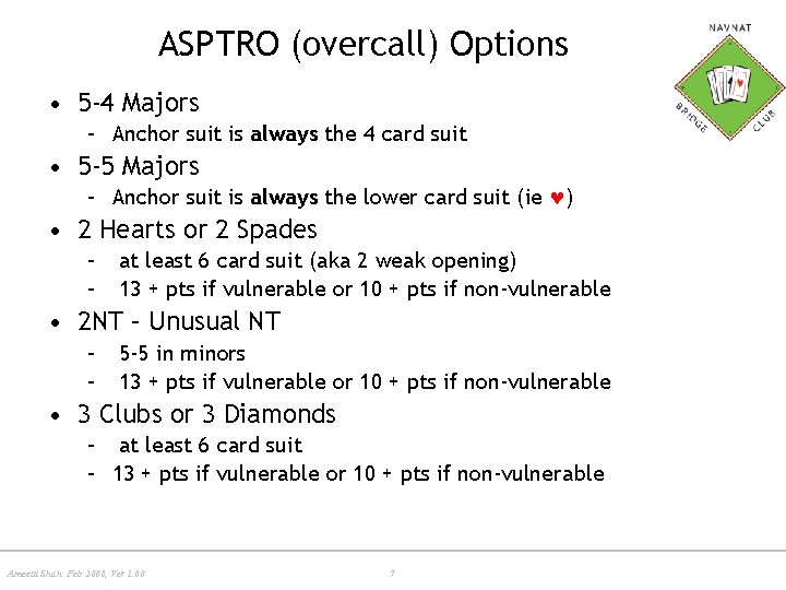ASPTRO (overcall) Options • 5 -4 Majors – Anchor suit is always the 4