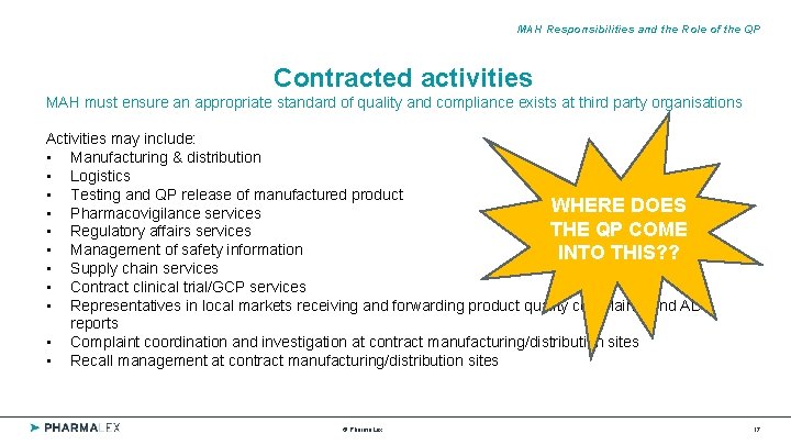 MAH Responsibilities and the Role of the QP Contracted activities MAH must ensure an