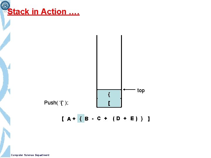 Stack in Action …. { Push( ‘{‘ ); [ A+ { B - C