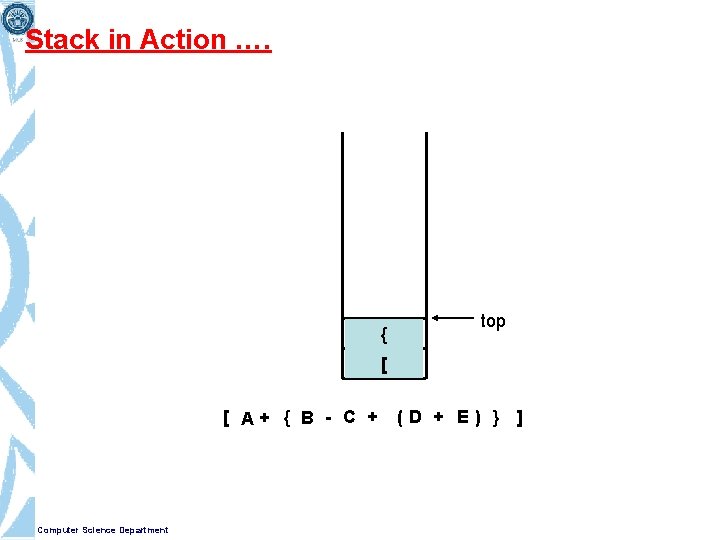 Stack in Action …. { top [ [ A+ { B - C +