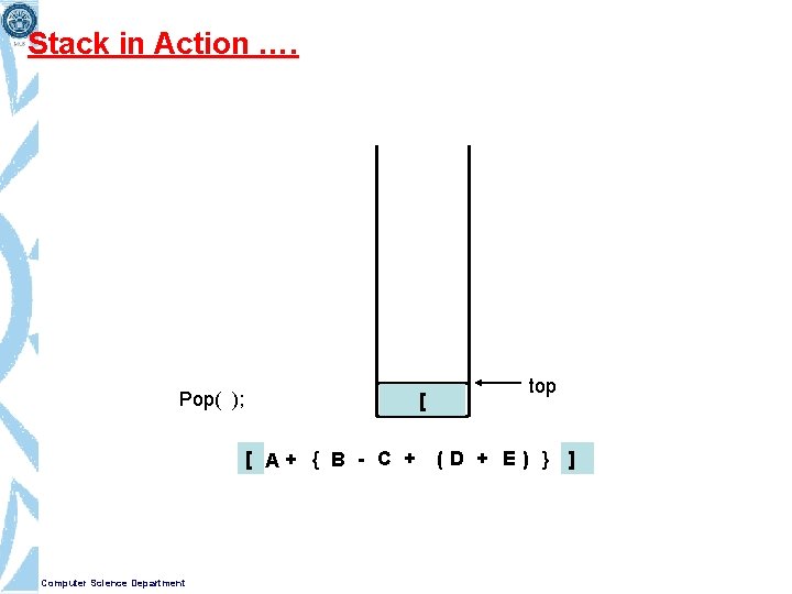 Stack in Action …. Pop( ); [ [ A+ { B - C +