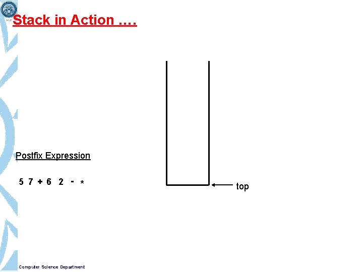 Stack in Action …. Postfix Expression 5 7 + 6 2 - * Computer