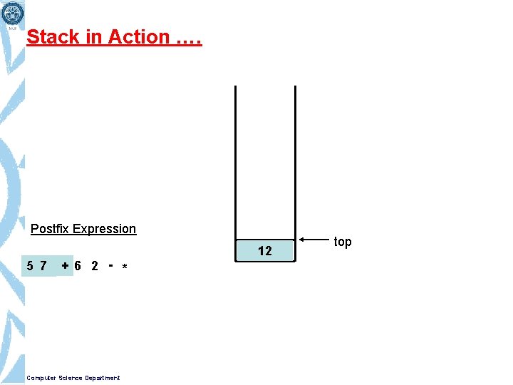 Stack in Action …. Postfix Expression 5 7 + 6 2 - * Computer