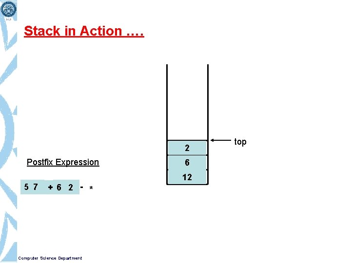 Stack in Action …. 2 Postfix Expression 5 7 + 6 2 - *