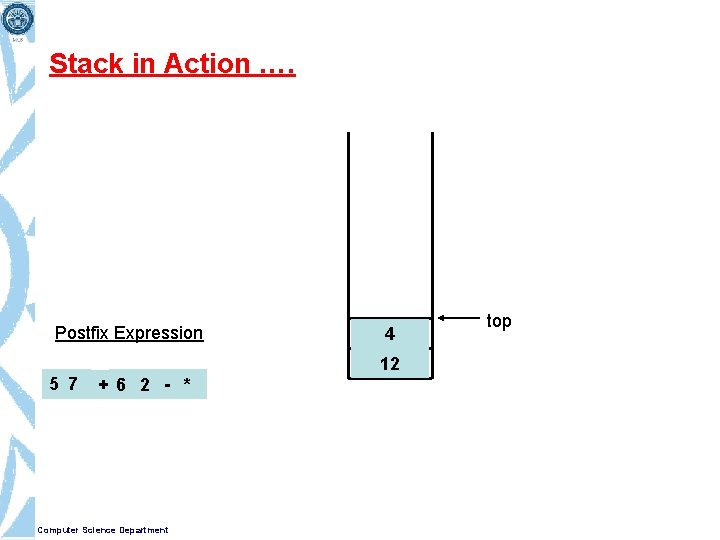 Stack in Action …. Postfix Expression 4 12 5 7 + 6 2 -